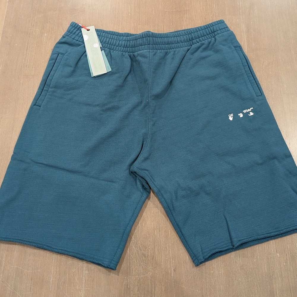 $465 Mens OFF-WHITE Logo Skate Sweat Shorts Blue